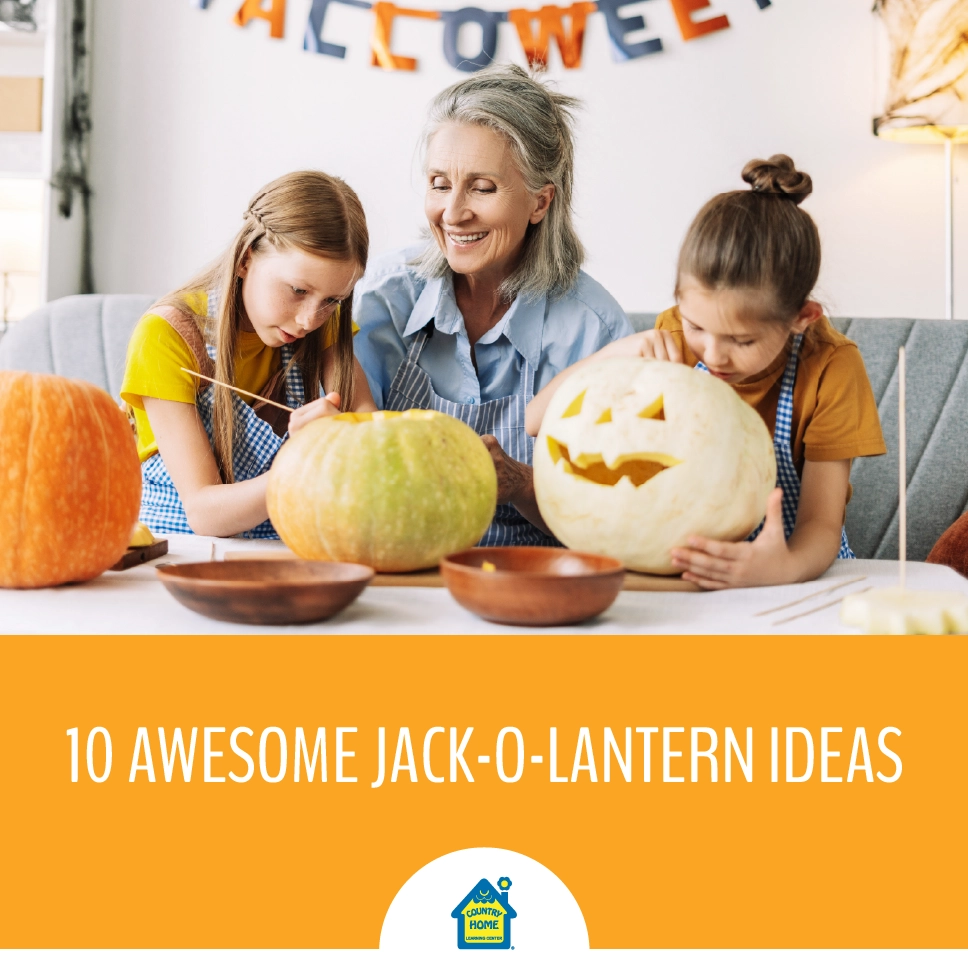 An older woman and two girls carve pumpkins at a table, with "Halloween" decorations in the background. Text reads: "10 Awesome Jack-O-Lantern Ideas"