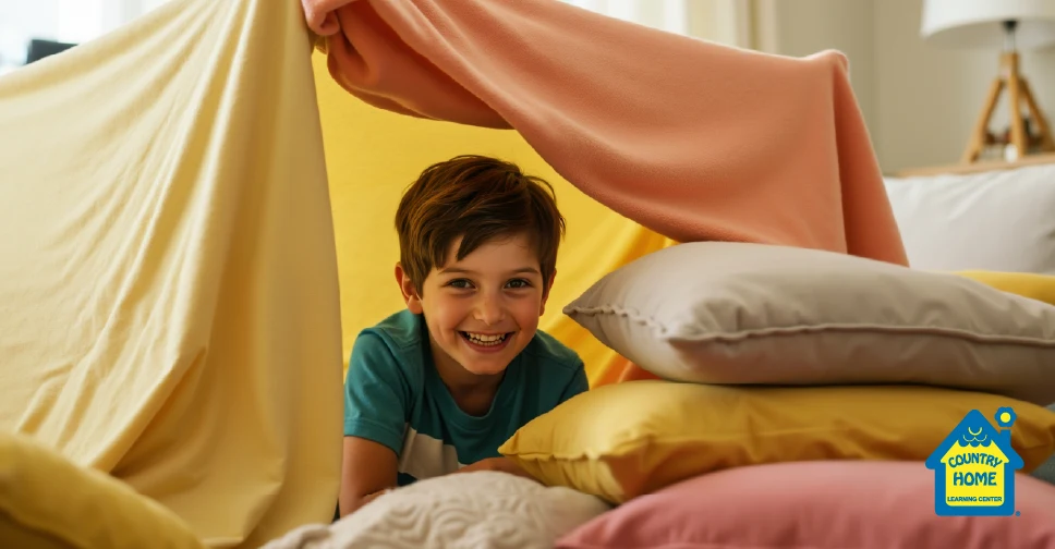 A young boy smiles while playing inside a blanket fort made of colorful sheets and pillows. The Country Home Learning Center logo is visible in the bottom right corner.