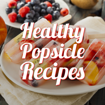 A plate of fruit-filled popsicles sits on a table with mixed berries in the background. Text on the image reads: "Healthy Popsicle Recipes.