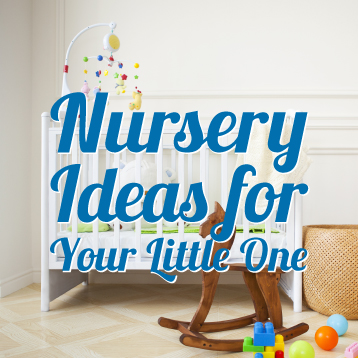 White crib with hanging mobile, wooden rocking horse, colorful toys, and woven basket in a nursery. Text overlay reads: "Nursery Ideas for Your Little One.