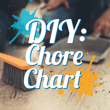 A broom on the floor with a paint tray in the background and the text "DIY: Chore Chart" overlaid with blue and yellow paint splatters.