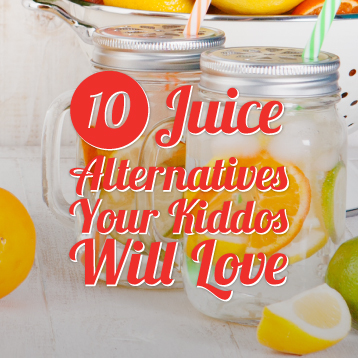 Two mason jars filled with citrus-infused water, surrounded by cut lemons and oranges, with text: "10 Juice Alternatives Your Kiddos Will Love.