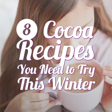 A person drinks from a mug with the text “8 Cocoa Recipes You Need to Try This Winter” overlaid on the image.