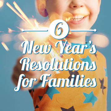 Smiling child in a star-patterned shirt holds a lit sparkler, with the text "6 New Year's Resolutions for Families" overlaid on the image.
