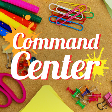 Assorted office supplies, including paperclips, pushpins, pens, and scissors, are arranged on a corkboard background with the words "Command Center" in bold white text.