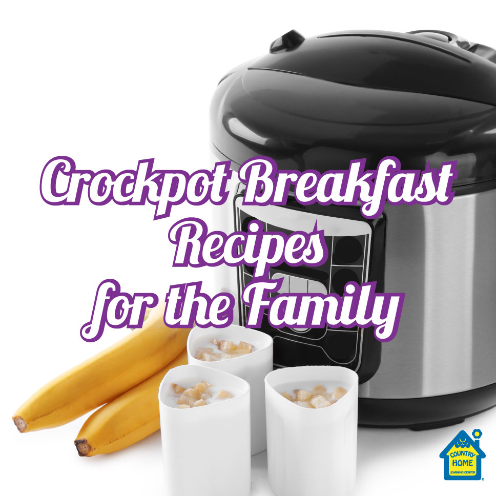 A crockpot, two bananas, and three cups of oatmeal are arranged together. Text reads: "Crockpot Breakfast Recipes for the Family.