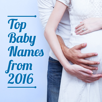 A pregnant woman in a white dress is embraced from behind by a man, with blue text reading "Top Baby Names from 2016" on the left side of the image.