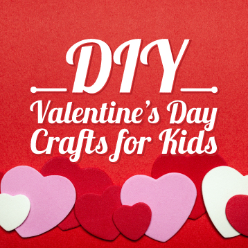 Text reads "DIY Valentine's Day Crafts for Kids" above red, pink, and white paper hearts on a red background.