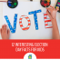 A child colors the word “VOTE” with a stars and stripes pattern on paper. Text below reads: “12 Interesting Election Day Facts for Kids.”.