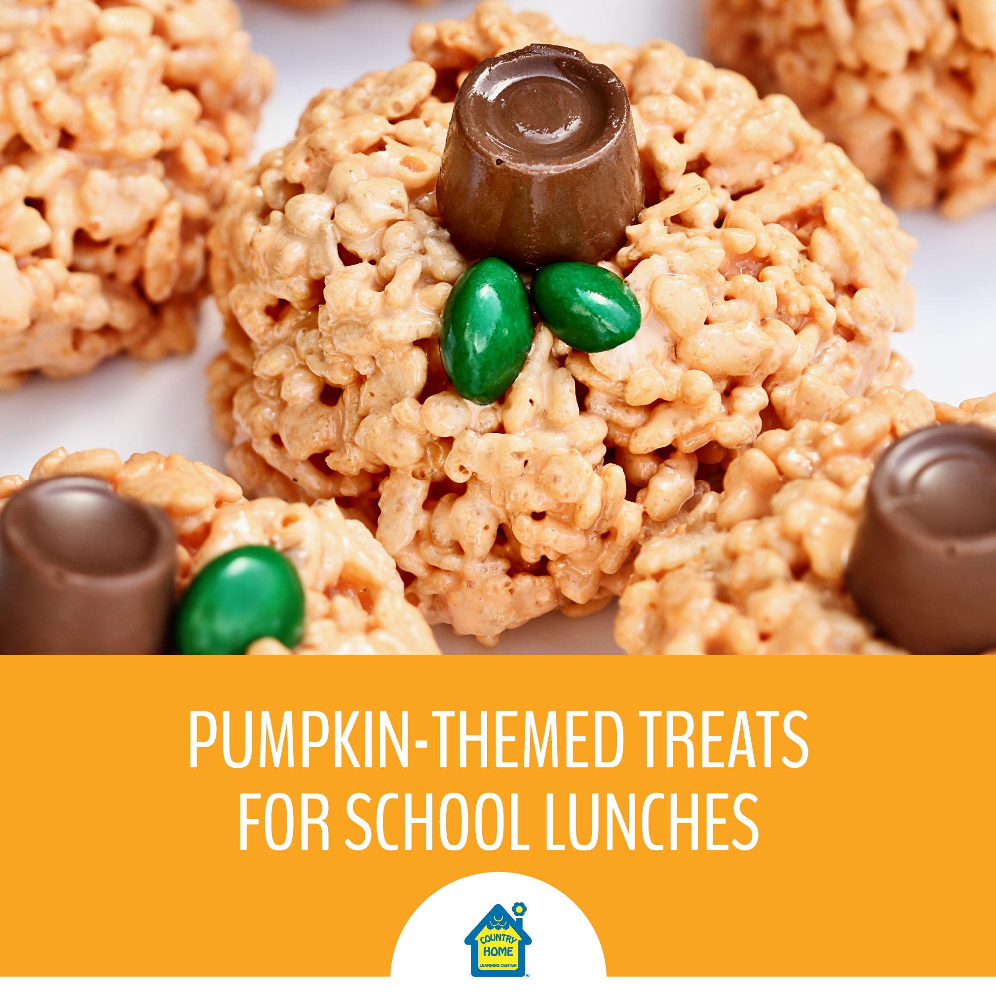 Round, pumpkin-shaped Rice Krispie treats with a chocolate candy stem and green candy decorations on top, arranged on a white surface. Text overlay reads "Pumpkin-Themed Treats for School Lunches.