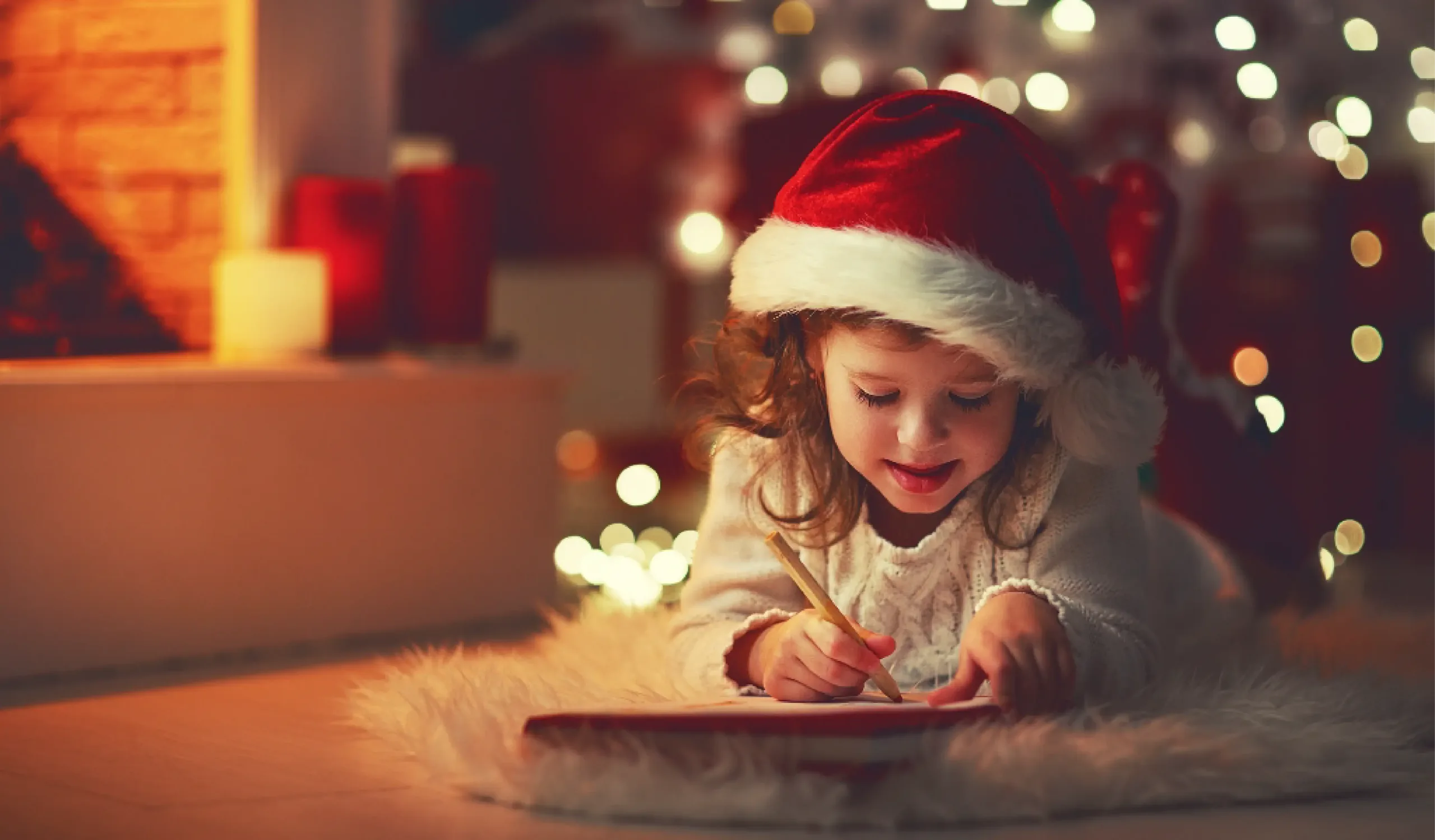 A young child wearing a Santa hat lies on a rug, writing a letter to Santa, with festive holiday lights and candles glowing in the background.