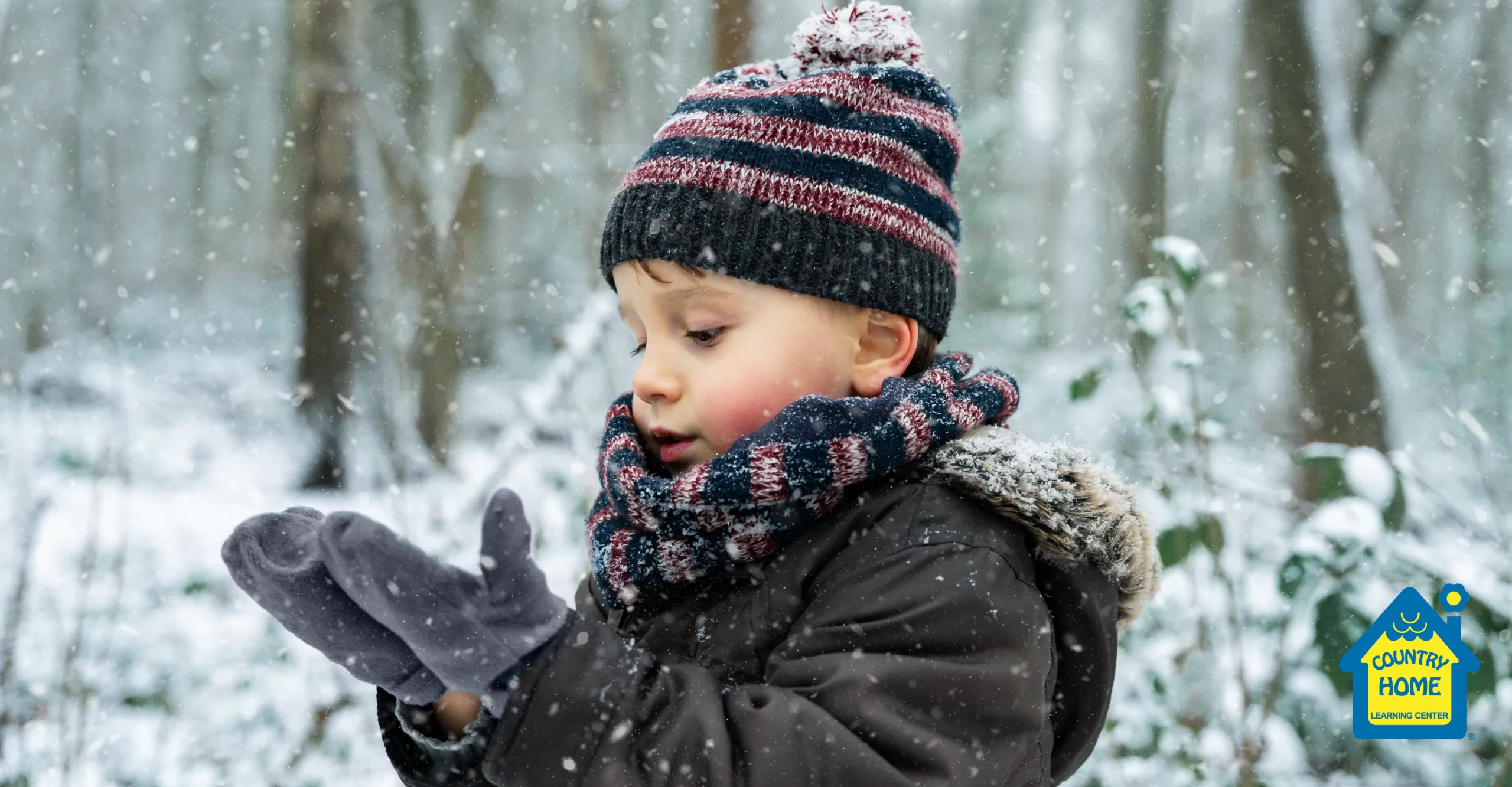 boy in a winter beanie and scarf curiously looking at falling snow