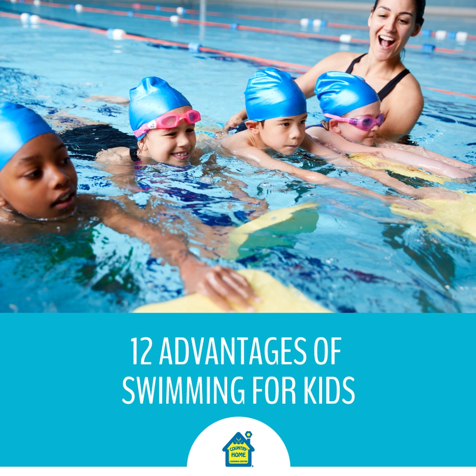 Group of young children taking swim lessons with a swim instructor