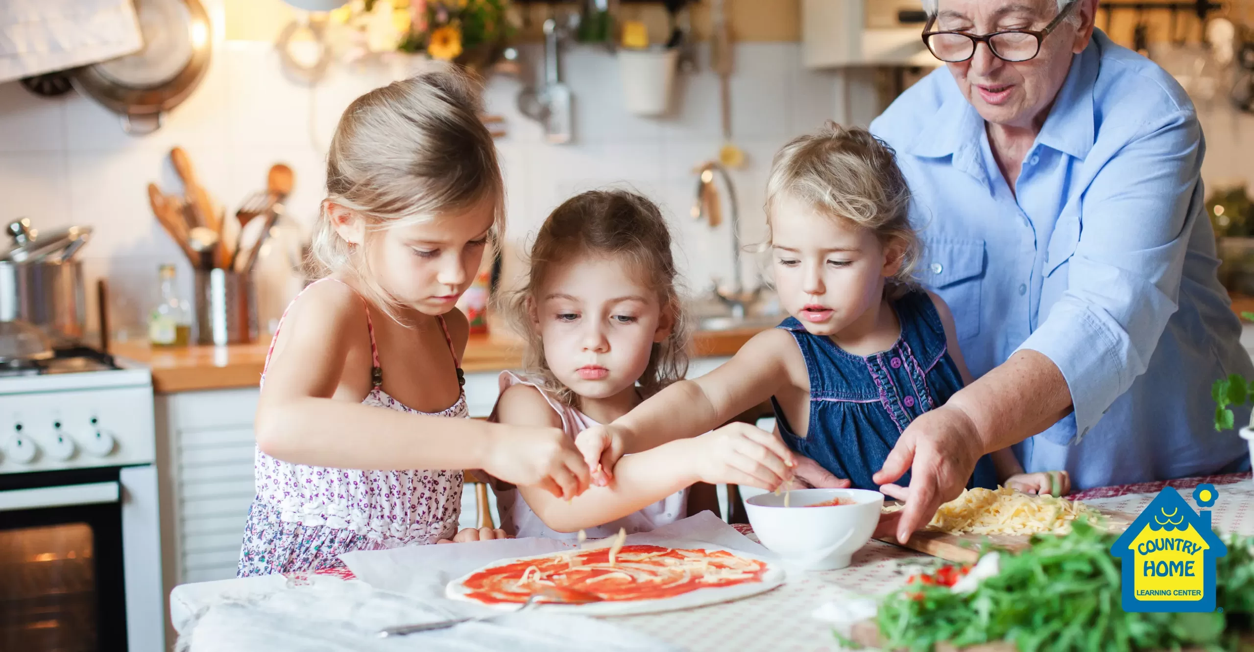 a group of girls make homemade pizza with grandmother