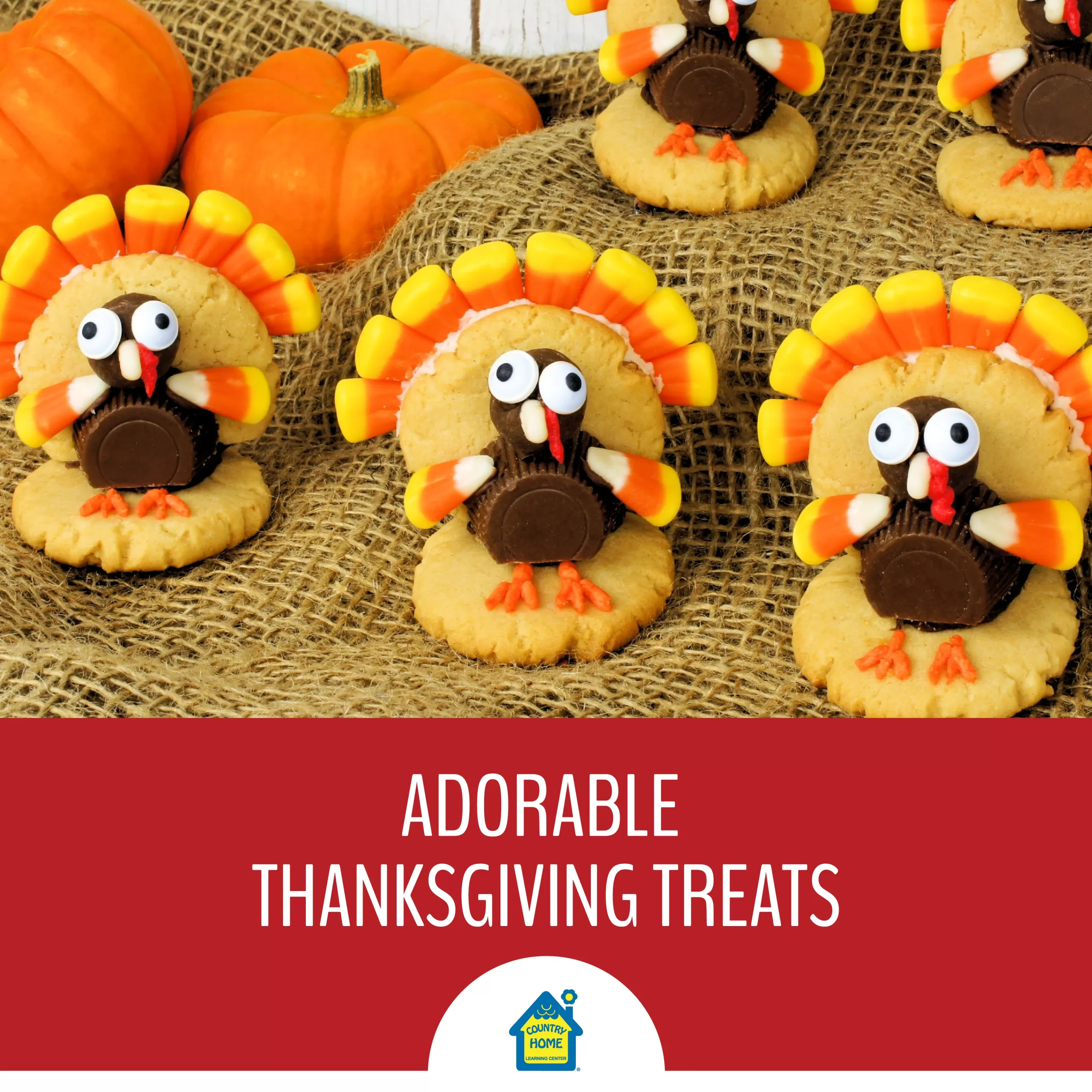 Cookies decorated with peanut buttercups and candy corn to look like turkeys for Thanksgiving treats.