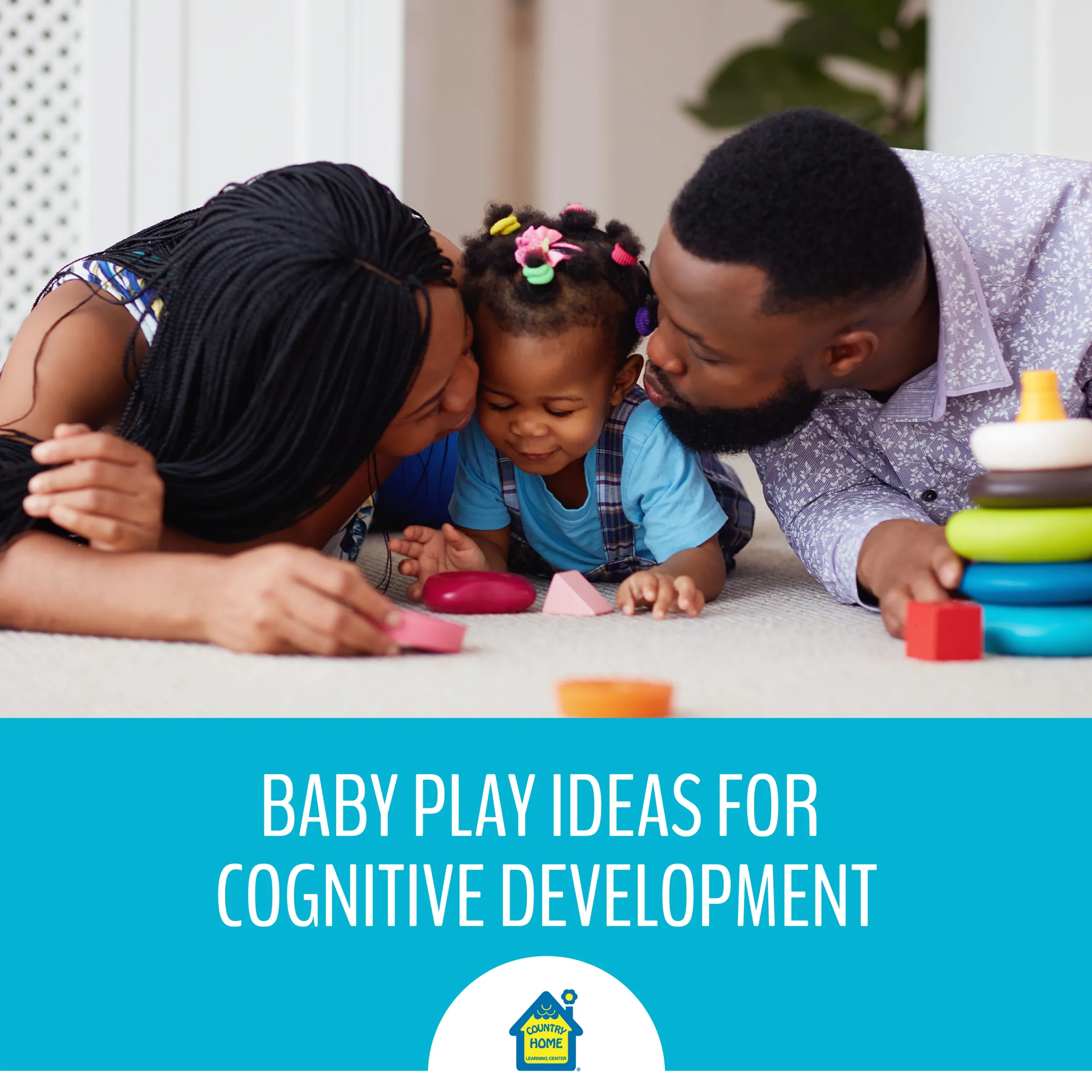 a happy baby girl plays with colorful educational toys as her parents sweetly kiss her face