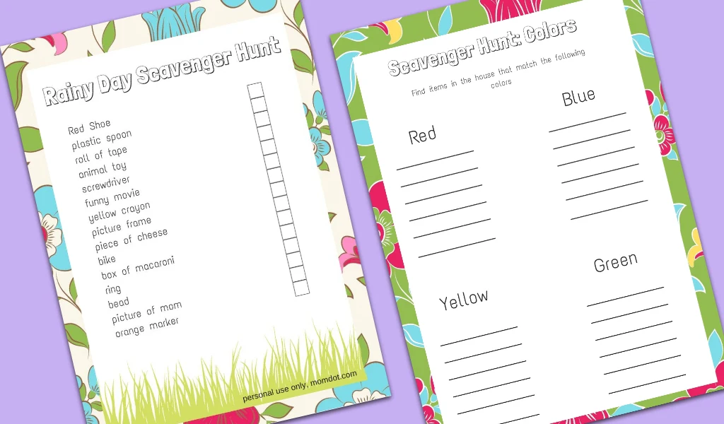 Indoor Scavenger Hunt – 1 Two floral-themed scavenger hunt sheets: one lists items to find with checkboxes, the other has spaces to list items found by color (red, yellow, blue, green) on a purple background.