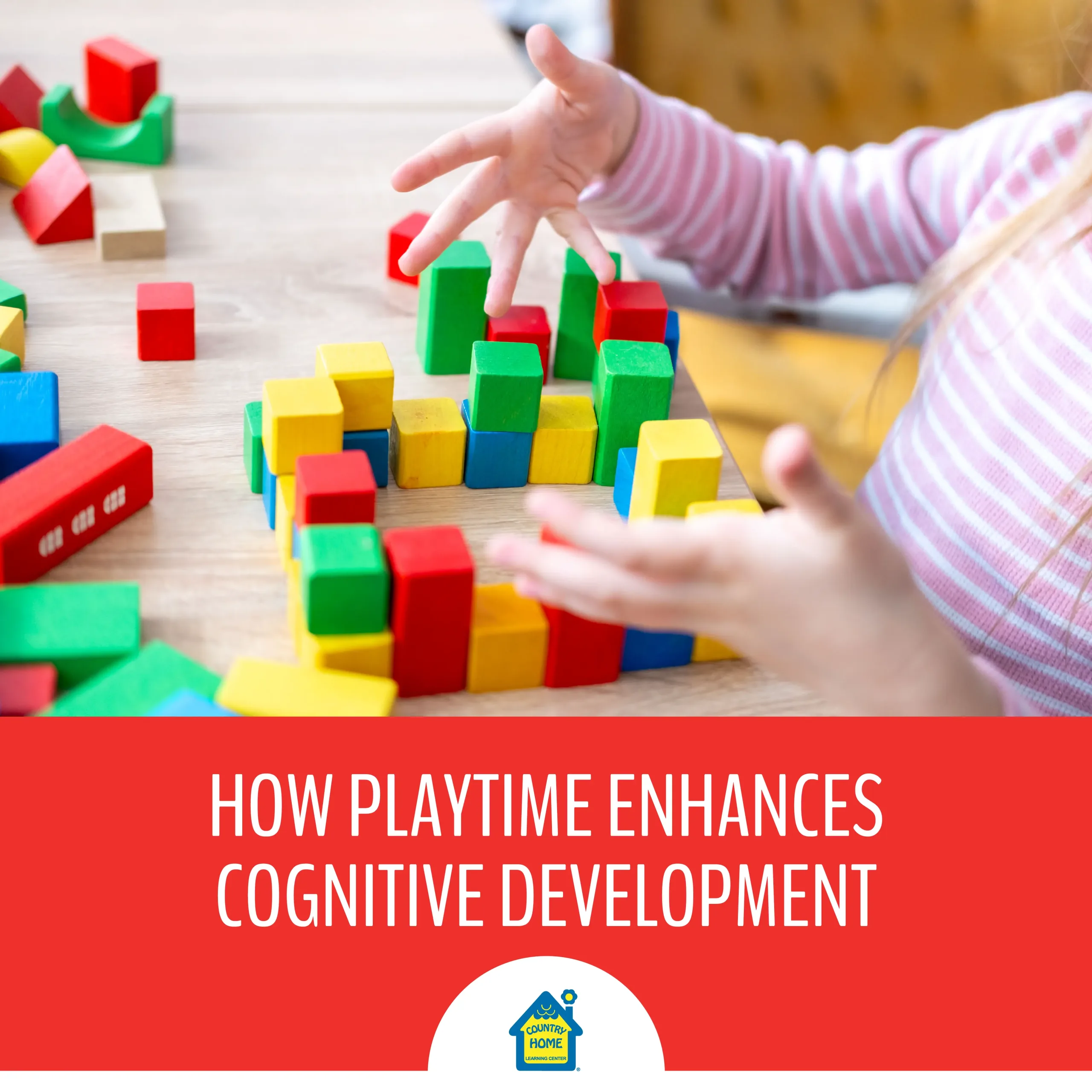 Young child stacking red, yellow, green, and blue blocks during educational playtime.