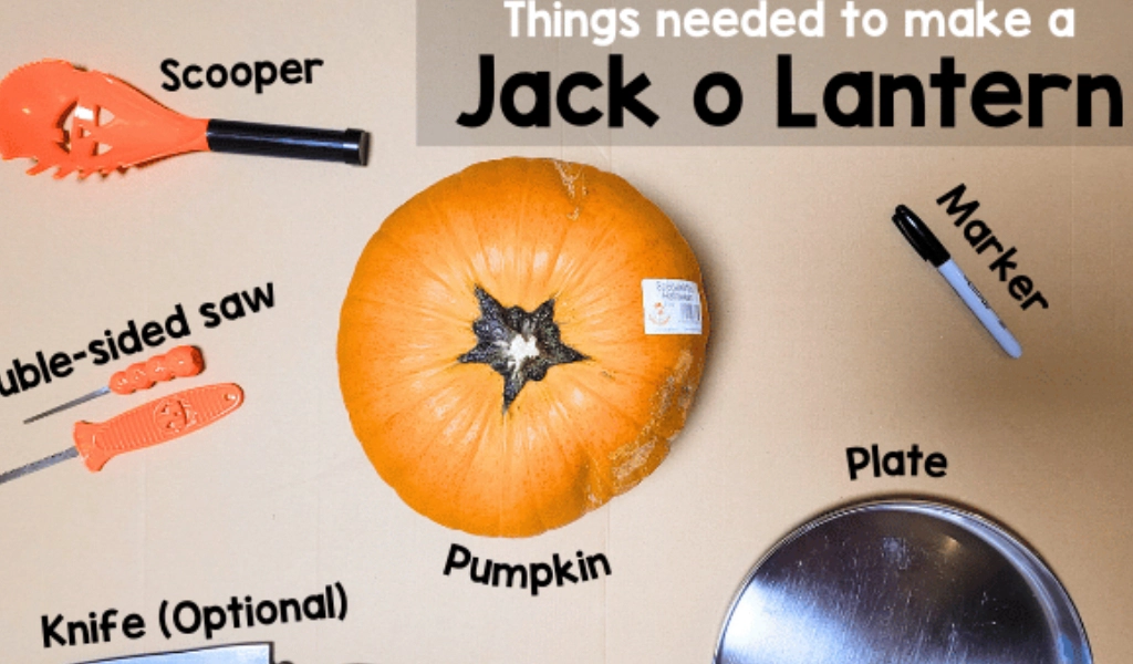 A pumpkin, scooper, double-sided saw, optional knife, marker, and plate are arranged on a table with the text "Things needed to make a Jack o Lantern.