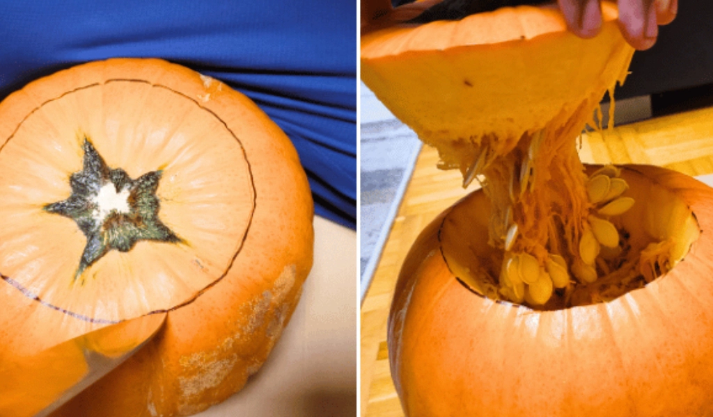 A pumpkin with a cut-out top; the left image shows the outline for cutting, and the right image shows the lid being lifted to reveal seeds and pulp inside.