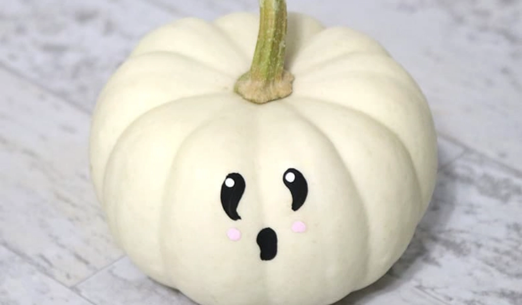 A small white pumpkin with painted cartoon eyes, pink cheeks, and a surprised mouth sits on a light-colored surface.