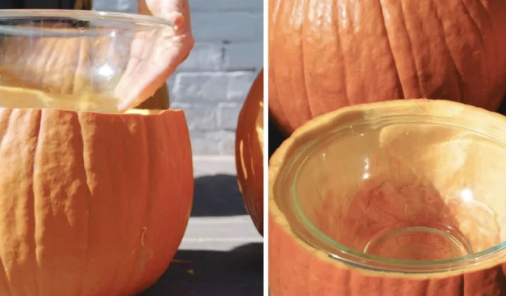 A glass bowl placed inside a hollowed-out pumpkin, shown from overhead and side angles.