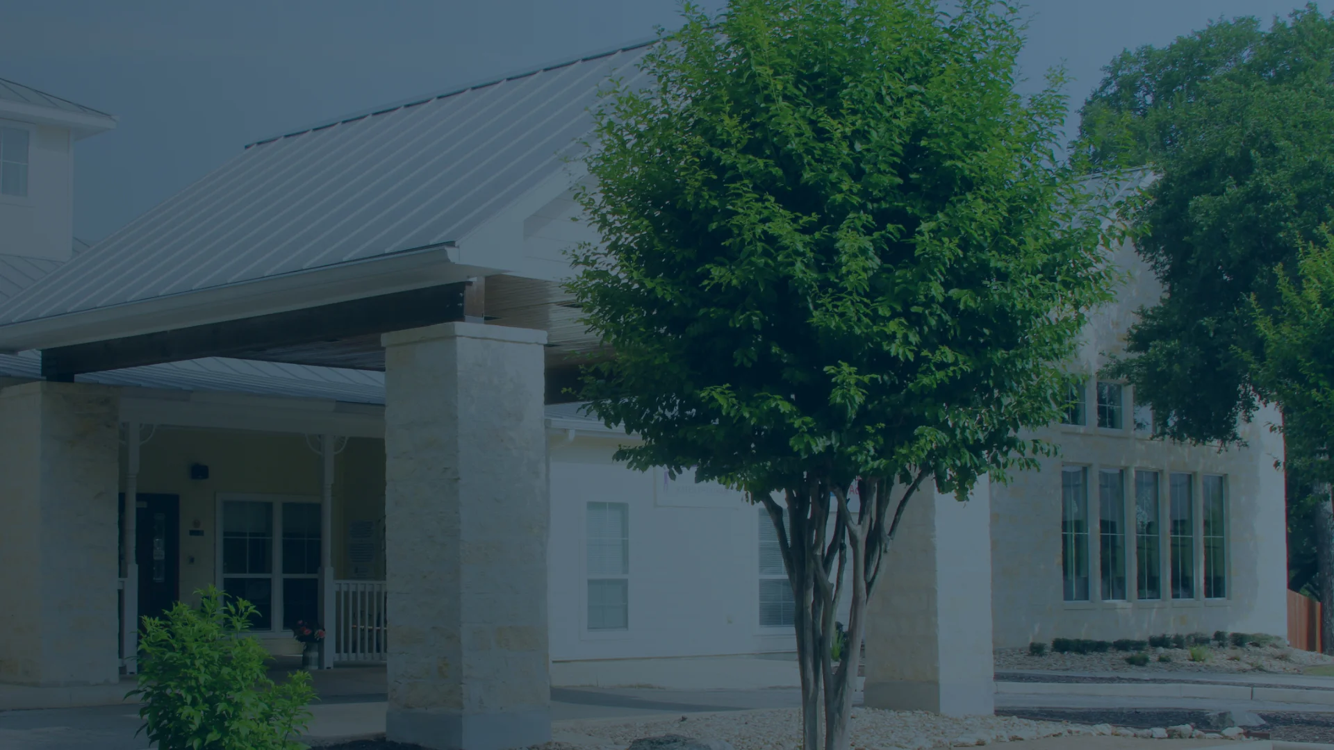 A small tree stands in front of a light-colored building with a metal roof, large windows, and stone pillars.