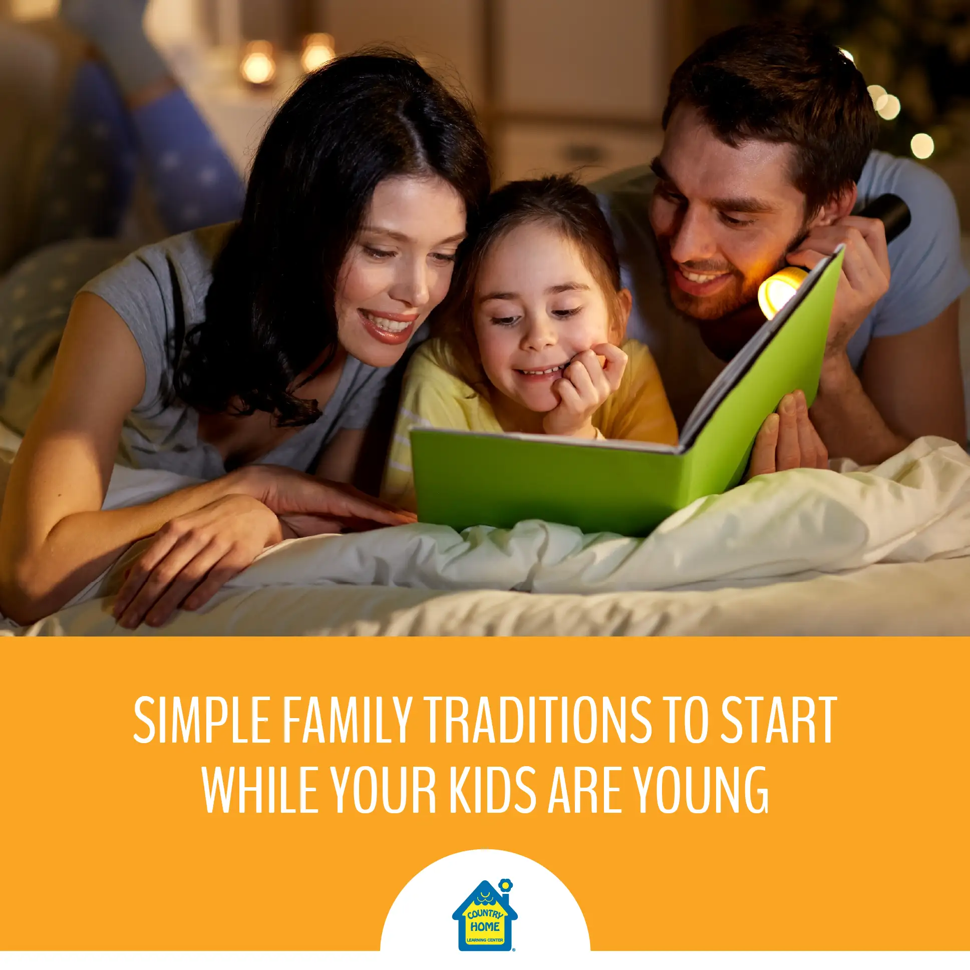 Mom and dad reading with daughter at night before bed.