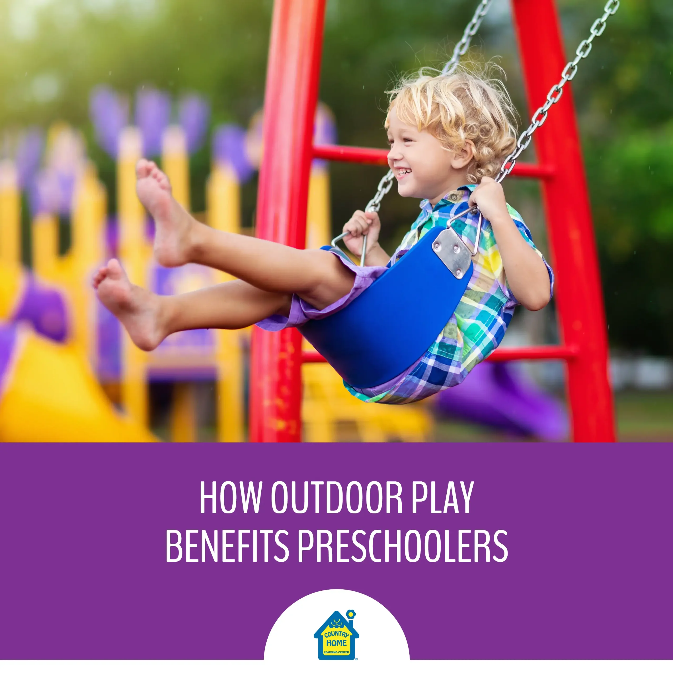 Preschooler playing outside, swinging on the swings.