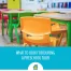 Classroom for preschoolers with desks and colorful chairs.