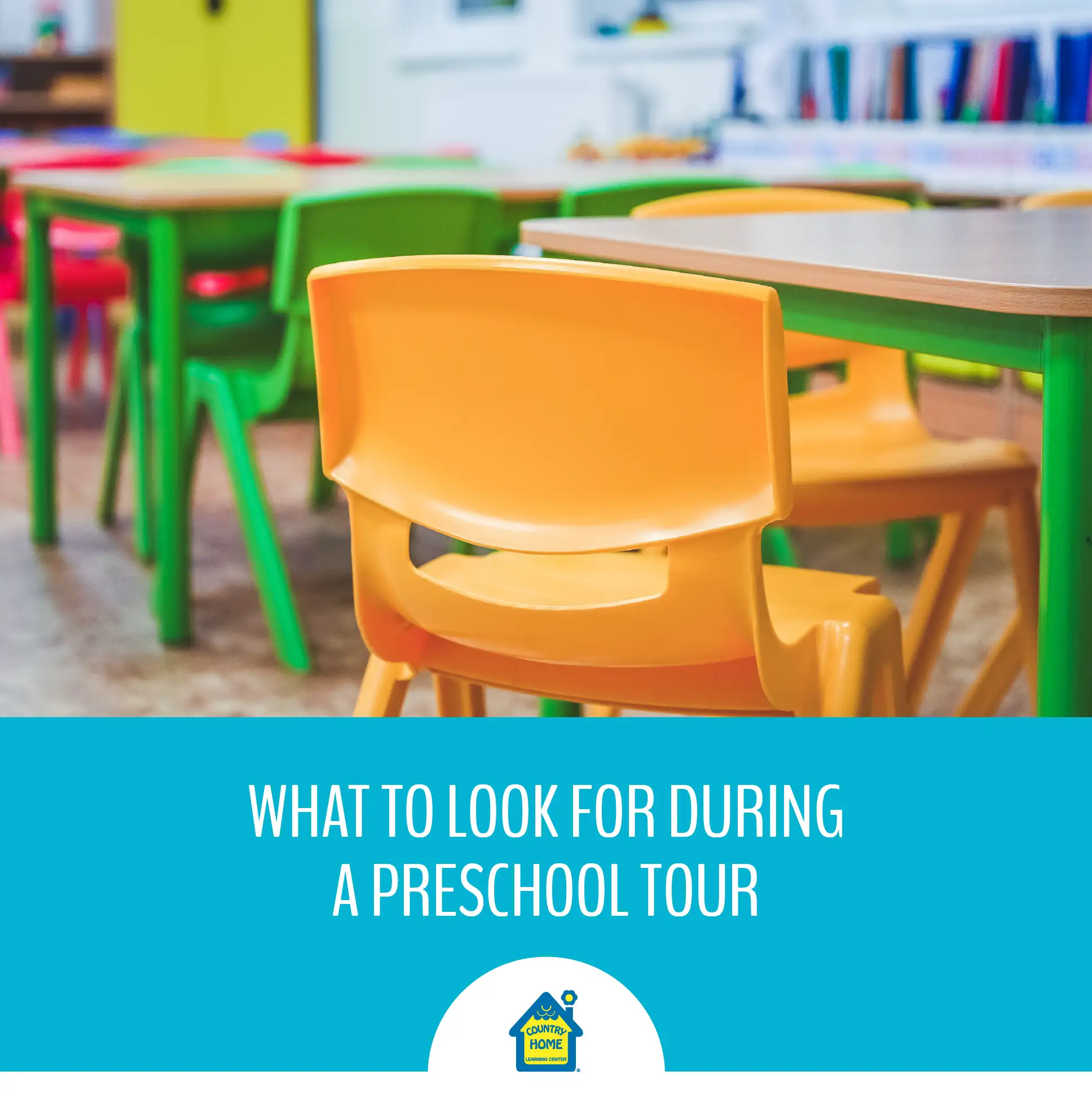 Classroom for preschoolers with desks and colorful chairs.