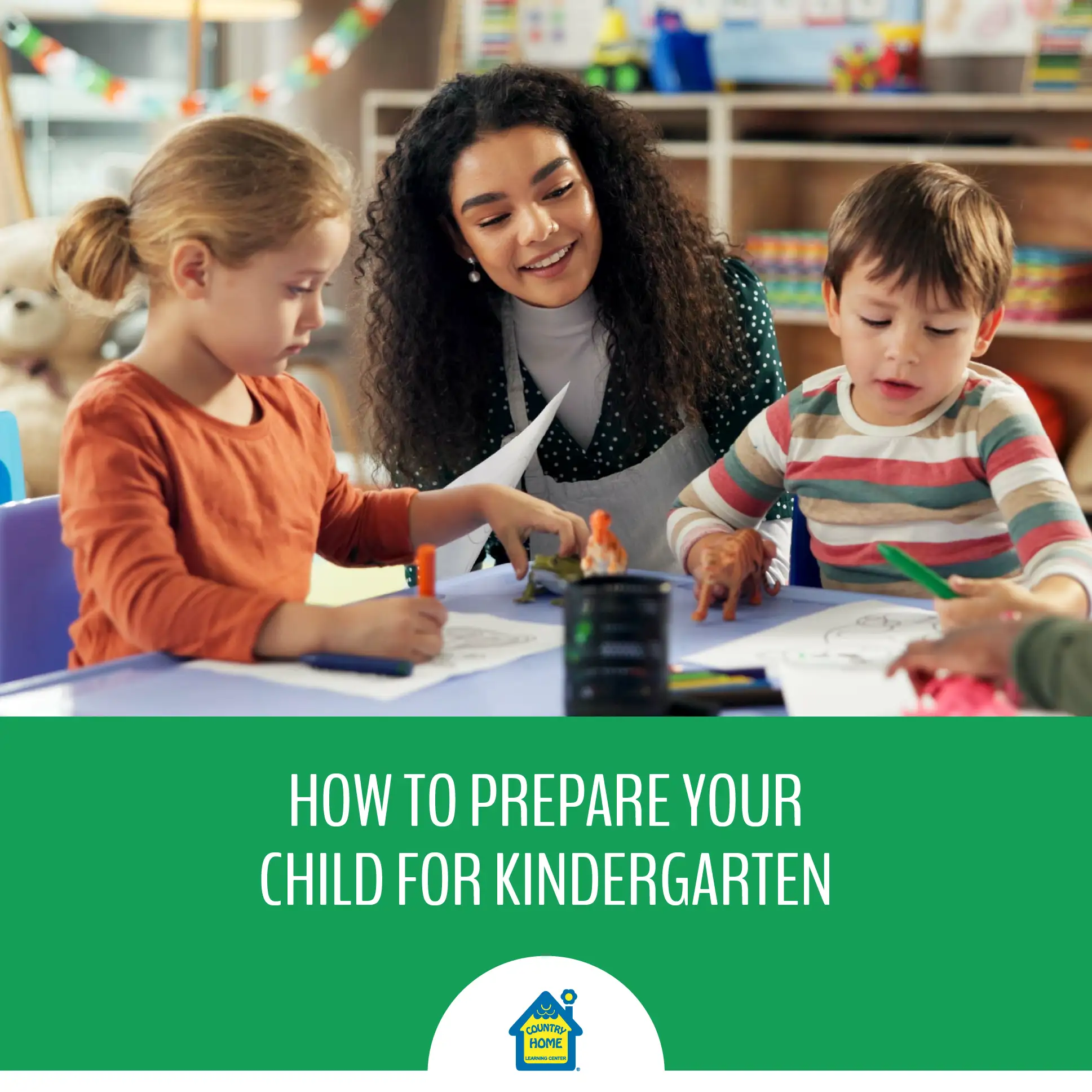A teacher helping her kindergartners with coloring at school. Photo caption reads, "How to prepare your child for kindergarten."